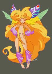 Rule 34 | 1girl, animal ears, artist request, barefoot, blush, breath of fire, breath of fire iii, fairy, fairy (breath of fire), full body, grey background, hair censor, long hair, nude, orange hair, simple background, smile, solo, very long hair, wings