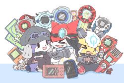 Rule 34 | 3boys, digimon, digivice, gatchmon, goggles, goggles on head, hat, helmet, highres, magnifying glass, multiple boys, offmon, onmon, smile