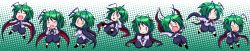 Rule 34 | 6+girls, antennae, arms behind back, blush, cape, chibi, closed eyes, falling, female focus, from behind, green hair, halftone, halftone background, happy, highres, kicking, long image, madara inosuke, multiple girls, multiple persona, o o, open mouth, outstretched arms, scared, sitting, tears, touhou, wide image, wriggle nightbug