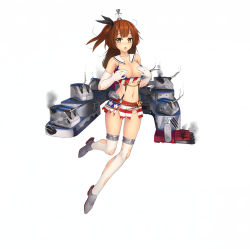 Rule 34 | 1girl, american flag, american flag print, antennae, battleship girl, breasts, cannon, covering privates, covering breasts, elbow gloves, flag print, full body, gloves, hair ribbon, long hair, looking at viewer, machinery, midriff, miniskirt, no bra, no panties, official art, open mouth, pleated skirt, ribbon, sailor collar, side ponytail, simple background, skirt, sleeveless, smoke, solo, star (symbol), suspenders, takibi (tamikyo), thighhighs, torn clothes, torn thighhighs, torpedo, uss juneau (cl-52) (battleship girl), white background, white gloves, white thighhighs, yellow eyes