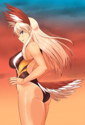 Rule 34 | 1girl, ass, bare shoulders, bird tail, blonde hair, blue eyes, blush, breasts, competition swimsuit, covered erect nipples, curvy, hanna-justina marseille, head wings, highleg, highleg swimsuit, kunashiri (etorofu), large breasts, long hair, looking at viewer, one-piece swimsuit, solo, standing, strike witches, swimsuit, tail, thick thighs, thighs, wings, witches of africa, world witches series