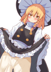 Rule 34 | 1girl, apron, blonde hair, bloomers, blush, bow, braid, buttons, clothes lift, embarrassed, frilled skirt, frills, hair ribbon, hat, highres, kirisame marisa, lifting own clothes, long skirt, long sleeves, mukkushi, purple bow, ribbon, short hair, skirt, skirt lift, solo, touhou, underwear, waist apron, white bloomers, witch hat, yellow eyes