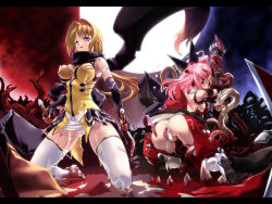 Rule 34 | 2girls, anal, arm up, ass, black gloves, black scarf, blood, blue eyes, boots, breasts, brown eyes, brown hair, choukou sennin haruka, cum, cum on body, cum on clothes, dress, dual wielding, elbow gloves, fingerless gloves, flat chest, full moon, gloves, hair intakes, highres, holding, japanese clothes, knee boots, kneeling, long hair, looking back, miss black, moon, multiple girls, nipples, open mouth, outdoors, panties, panty pull, pink hair, ponytail, pulling another&#039;s clothes, rape, scarf, shihoudou narika, short dress, sword, takamori haruka, tentacles, tentacles under clothes, thighhighs, torn clothes, torn dress, twintails, underwear, weapon, white legwear, white panties, yellow dress