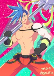 Rule 34 | 1boy, asymmetrical hair, ayukisa, bara, black gloves, blue hair, bulge, cowboy shot, galo thymos, gloves, green hair, male focus, navel, no nipples, official style, over shoulder, pants, pectorals, promare, red pants, sidecut, single sleeve, smile, solo, spiked hair, toned, toned male, topless male, undercut, weapon, weapon over shoulder
