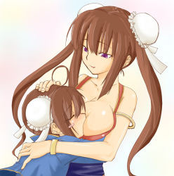 Rule 34 | 2girls, blush, breast smother, breast sucking, breasts, brown hair, bun cover, chung e, double bun, esa, huge breasts, large breasts, multiple girls, purple eyes, ragnarok online, twintails, yuri