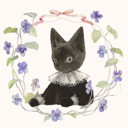 Rule 34 | 1other, ambiguous gender, animal, animal focus, black cat, black dress, blue flower, bow, cat, closed mouth, clothed animal, commentary, commentary request, dress, embroidery, english commentary, flower, frilled shirt collar, frills, grey eyes, highres, long sleeves, no humans, original, pink bow, pink ribbon, puffy long sleeves, puffy sleeves, ribbon, simple background, sleeve cuffs, slit pupils, solo, surrounded, surrounded by flowers, tono (rt0no), toto noir, white background