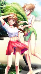 Rule 34 | 2girls, :d, arm up, bare arms, bare legs, beach, blue panties, blurry, blurry background, breasts, brown eyes, brown hair, cleavage, clothes lift, collarbone, day, doukyuusei, doukyuusei another world, floating hair, game cg, glasses, green skirt, hair ribbon, hand on own hip, long hair, looking at viewer, medium breasts, midriff, miniskirt, multiple girls, navel, one eye closed, open mouth, outdoors, panties, pencil skirt, pleated skirt, ponytail, red ribbon, red skirt, ribbon, serizawa yoshiko, shirt, skirt, skirt lift, sleeveless, sleeveless shirt, smile, stomach, summer, sunlight, sweatdrop, tanaka misa, tied shirt, torn clothes, torn skirt, underwear, very long hair, white-framed eyewear, white panties, white shirt