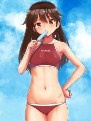 Rule 34 | 1girl, alternate hairstyle, bikini, blush, brown eyes, brown hair, cloud, day, flat chest, food, food in mouth, hair down, hand on own hip, highres, hip bones, holding, holding food, kantai collection, long hair, midriff, navel, popsicle, red bikini, ryuujou (kancolle), sky, solo, swimsuit, tussy