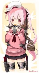 Rule 34 | 10s, 1girl, beret, black ribbon, black skirt, blush, cowboy shot, eating, eyebrows, food, hair ribbon, harusame (kancolle), hat, holding, holding food, kantai collection, long hair, long sleeves, multicolored background, neckerchief, pink hair, pink sweater, plaid, plaid scarf, pleated skirt, red eyes, ribbon, scarf, school uniform, serafuku, side ponytail, skirt, solo, squirrel, suzuki toto, sweater, sweet potato, thigh strap, twitter username, two-tone background