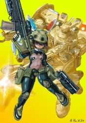 Rule 34 | 1girl, absurdres, antennae, black bow, bow, breasts, brown eyes, brown hair, commentary request, covered navel, dual wielding, firing, gloves, green headwear, gun, hai to hickory, helmet, highres, holding, holding gun, holding weapon, mecha, original, pouch, revealing clothes, robot, see-through, small breasts, solo, trigger discipline, twitter username, visor (armor), weapon, white gloves, yellow background