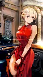 Rule 34 | 1girl, 3boys, :o, bare shoulders, blonde hair, breasts, car, dress, funi mu9, highres, large breasts, looking at another, lycoris recoil, motor vehicle, multiple boys, nishikigi chisato, out of frame, parted lips, red dress, red eyes, ribbon, short hair, side slit, sleeveless, sleeveless dress, solo, solo focus, wrist ribbon