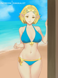 Rule 34 | 1girl, artist name, bare arms, bare shoulders, beach, bikini, blonde hair, blue bikini, blue sky, braid, breasts, breasts apart, cleavage, cloud, commentary, cowboy shot, crown braid, dakkalot, day, english commentary, forehead, gluteal fold, hair ornament, hairclip, horizon, large breasts, navel, nintendo, ocean, open mouth, outdoors, parted bangs, parted lips, pink lips, pointy ears, princess zelda, ribbon, short hair, side-tie bikini bottom, sky, smile, solo, stomach, swimsuit, the legend of zelda, the legend of zelda: breath of the wild, the legend of zelda: tears of the kingdom, thigh gap, water, yellow eyes, yellow ribbon