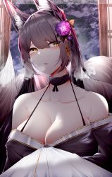 Rule 34 | 1girl, absurdres, animal ears, azur lane, black dress, blush, breasts, brown hair, cleavage, collarbone, commentary request, dress, flower, fox ears, fox tail, hair flower, hair ornament, highres, large breasts, long hair, looking at viewer, musashi (azur lane), night, parted lips, samip, solo, tail, upper body, yellow eyes