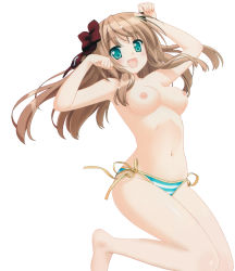 Rule 34 | 1girl, absurdres, bikini, blush, breasts, brown hair, female focus, green eyes, highres, jumping, legs, long hair, mayoi neko overrun!, nipples, nude filter, serizawa fumino, simple background, smile, solo, swimsuit, thighs, third-party edit, topless, white background
