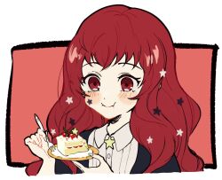 Rule 34 | 1girl, birthday cake, blush, cake, cake slice, closed mouth, facial mark, fire emblem, fire emblem engage, food, fork, hair ornament, highres, holding, holding fork, long hair, nintendo, oda32t, plate, red eyes, red hair, simple background, solo, star (symbol), star hair ornament, yunaka (fire emblem)