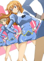 Rule 34 | 4girls, agent aika, aika (series), blue delmo, blue eyes, blush, breasts, charlotte e. yeager, cosplay, delmo, hands on own hips, long hair, long sleeves, lynette bishop, multiple girls, name john, orange hair, puffy long sleeves, puffy sleeves, skin tight, smile, spread legs, strike witches, uniform, world witches series