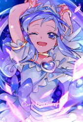 Rule 34 | 1girl, ;d, arms up, blue background, blue bow, blue eyes, blue hair, blue theme, bow, brooch, character name, choker, cure diamond, dokidoki! precure, earrings, heart, heart brooch, highres, hishikawa rikka, jewelry, long hair, looking at viewer, magical girl, neck ring, one eye closed, open mouth, precure, shipu (gassyumaron), signature, smile, solo, upper body, yellow neckwear