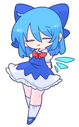 Rule 34 | blue dress, blue footwear, blue hair, cirno, closed eyes, closed mouth, collared shirt, dress, flat chest, highres, ice, ice wings, neck ribbon, op na yarou, pinafore dress, puffy short sleeves, puffy sleeves, red ribbon, ribbon, shirt, short hair, short sleeves, sleeveless dress, smile, socks, solo, touhou, white shirt, wings