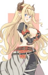 Rule 34 | 1girl, blonde hair, blue eyes, blush, breasts, covering privates, covering breasts, cowboy shot, draph, flying sweatdrops, from behind, from side, gauntlets, granblue fantasy, horns, kichihachi, large breasts, long hair, looking at viewer, ogre (granblue fantasy), open mouth, pointy ears, razia, simple background, solo, topless, very long hair