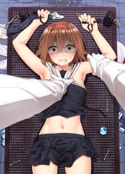 Rule 34 | 10s, 1boy, 1girl, absurdres, admiral (kancolle), arm grab, armpits, black serafuku, black skirt, brown eyes, brown hair, chain, commentary, constricted pupils, cotton swab, drain (object), gloves, hair between eyes, hair ornament, hairband, hairpin, highres, imminent rape, jack dempa, kantai collection, lying, md5 mismatch, midriff, military, military uniform, miniskirt, naval uniform, navel, on back, pleated skirt, sailor collar, saliva, scared, scarf, school uniform, serafuku, shiratsuyu (kancolle), skirt, snot, sweat, tears, uniform, water, white gloves, white scarf
