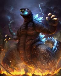 Rule 34 | building, claws, destruction, embers, fire, giant, giant monster, glowing, glowing eyes, godzilla, godzilla (series), highres, inosuke (monstruo), kaijuu, lightning, monster, no humans, open mouth, scales, sharp teeth, signature, skyscraper, solo, storm, teeth, toho