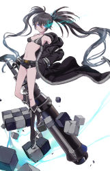 Rule 34 | 1girl, bikini, bikini under clothes, black bikini, black footwear, black hair, black jacket, black rock shooter, black rock shooter (character), black shorts, blue eyes, boots, commentary, english commentary, esozima gari, glowing, glowing eyes, hair ornament, hair ribbon, highres, jacket, long hair, looking at viewer, navel, ribbon, scar, shorts, simple background, solo, swimsuit, twintails, weapon, white background