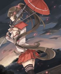 Rule 34 | 10s, 1girl, armband, asymmetrical legwear, bare shoulders, black thighhighs, brown eyes, brown hair, cherry blossoms, chibirisu, detached sleeves, dutch angle, flower, from behind, hair flower, hair ornament, headgear, highres, kantai collection, long hair, looking at viewer, looking back, oil-paper umbrella, over shoulder, petals, pleated skirt, ponytail, red skirt, sailor collar, side slit, single thighhigh, skirt, solo, thighhighs, twilight, umbrella, uneven legwear, very long hair, yamato (kancolle)