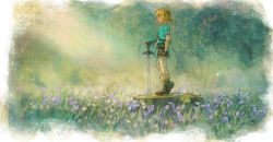 Rule 34 | 1boy, blonde hair, blue tunic, boots, brown footwear, closed eyes, fingerless gloves, flower, from side, gloves, grass, holding, holding sword, holding weapon, lingcod dayu, link, male focus, master sword, nintendo, pants, pointy ears, ponytail, profile, sheikah slate, short ponytail, sidelocks, solo, standing, sword, the legend of zelda, the legend of zelda: breath of the wild, tree, tunic, weapon, wind