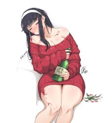 Rule 34 | 1girl, alcohol, artist logo, black hair, blush, bottle, breasts, broken glass, cleavage, closed eyes, drunk, earrings, glass, gold earrings, hairband, holding, holding bottle, invisible chair, jewelry, jk arts, large breasts, long hair, red sweater, ribbed sweater, sitting, sleeping, solo, spy x family, sweater, twitter username, white background, white hairband, yor briar