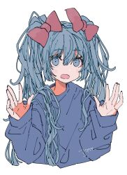 Rule 34 | 1girl, 3774., artist name, blue sweater, bow, cropped torso, green eyes, green hair, hair bow, hands up, hatsune miku, highres, long hair, long sleeves, open mouth, red bow, simple background, solo, sweater, twintails, upper body, vocaloid, white background