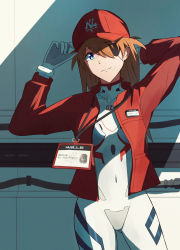 Rule 34 | 1girl, adjusting clothes, adjusting headwear, blue eyes, bodysuit, breasts, closed mouth, covered navel, evangelion: 3.0+1.0 thrice upon a time, eyepatch, hat, highres, id card, jacket, long hair, looking at viewer, medium breasts, name tag, neon genesis evangelion, open clothes, open jacket, orange hair, plugsuit, rebuild of evangelion, red jacket, resolution mismatch, smile, solo, source larger, souryuu asuka langley, white bodysuit, yakisobaosu