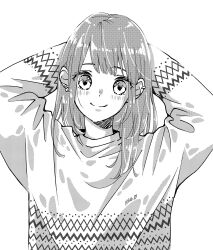 Rule 34 | 1girl, absurdres, arms behind head, baggy clothes, blush, casual, closed mouth, commentary, dot nose, ear piercing, greyscale, hair over shoulder, halftone, highres, long hair, long sleeves, looking at viewer, monochrome, oouta rie, original, patterned clothing, piercing, signature, simple background, smile, solo, straight-on, sweater, upper body