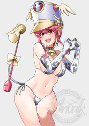 Rule 34 | 1girl, absurdres, alternate breast size, animal print, artist name, ass, bare arms, bare legs, bare shoulders, conductor baton, bikini, blush, breasts, cow print, cow tail, curvy, elbow gloves, fake tail, gloves, hair between eyes, hat, heart, heart hands, highres, jakuzure nonon, kill la kill, looking at viewer, matching hair/eyes, medium breasts, medium hair, navel, open mouth, pink eyes, pink hair, saltnvalk, shiny skin, side-tie bikini bottom, simple background, solo, swimsuit, tail, thighs, thong bikini, wide hips