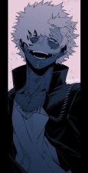 Rule 34 | 1boy, black jacket, boku no hero academia, burn scar, costume, dabi (boku no hero academia), ear piercing, facing viewer, grin, hair blowing, half-closed eyes, head tilt, high collar, jacket, kan (pyy c12), looking away, looking to the side, male focus, multiple piercings, multiple scars, nose piercing, open mouth, piercing, pillarboxed, scar, scar on chest, scar on face, scar on neck, shirt, short hair, smile, solo, spiked hair, splotch, stapled, stitches, teeth, twitter username, white background, white shirt, wind