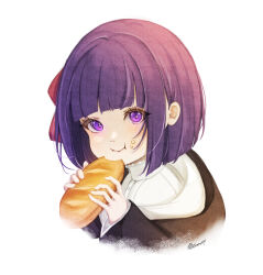Rule 34 | 1girl, a tento64, black coat, black robe, blunt bangs, bread, chewing, closed mouth, coat, collar, crumbs, dress, eating, fern (sousou no frieren), food, frilled collar, frills, hair ribbon, highres, medium hair, purple eyes, purple hair, purple pupils, red ribbon, ribbon, robe, simple background, solo, sousou no frieren, straight hair, twitter username, white dress