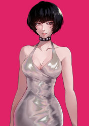 Rule 34 | 1girl, absurdres, arms at sides, bare shoulders, black hair, blueriest, breasts, cleavage, closed mouth, commentary, cowboy shot, dress, english commentary, halter dress, halterneck, highres, large breasts, persona, persona 5, photoshop (medium), pink background, pink lips, red eyes, revision, shiny clothes, short hair, silver dress, simple background, solo, standing, studded choker, takemi tae
