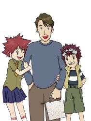 Rule 34 | belt, brother and sister, digimon, digimon adventure 02, goggles, goggles on head, highres, motomiya daisuke, motomiya daisuke&#039;s father, motomiya jun, necktie, open mouth, siblings, skirt, smile