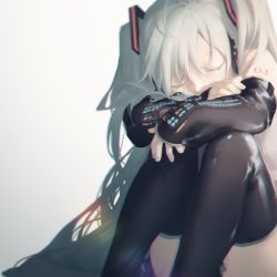 Rule 34 | 1girl, arm tattoo, bare shoulders, black footwear, boots, closed eyes, commentary request, covered mouth, detached sleeves, feet out of frame, green hair, green nails, grey background, hair over shoulder, hatsune miku, head rest, headset, knees up, long hair, nail polish, simple background, sitting, sleeping, sleeping upright, solo, spencer sais, tattoo, thigh boots, thighhighs, twintails, very long hair, vocaloid