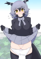 Rule 34 | 1girl, 1other, absurdres, animal ears, binturong (kemono friends), black gloves, black pantyhose, black shirt, blue sky, blush, breasts, bug, bush, cat ears, clear sky, closed mouth, clothes lift, commentary request, cowboy shot, day, eyebrows, fence, fly, gloves, gradient hair, grey hair, hair between eyes, highres, illu (illu stratos), insect, iron fence, kemono friends, lifted by self, long bangs, looking at viewer, medium breasts, medium hair, multicolored hair, outdoors, panties, panty pull, pantyhose, pov, pussy, shirt, skirt, skirt lift, sky, smile, solo, uncensored, underwear, white gloves, white panties, yellow eyes