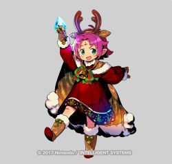Rule 34 | 1girl, antlers, arm up, bell, boots, bow, brown gloves, cape, company name, copyright name, dress, facial mark, fae (fire emblem), fae (winter) (fire emblem), fire emblem, fire emblem: the binding blade, fire emblem heroes, forehead mark, full body, fur trim, gloves, green eyes, grey background, himukai yuuji, horns, leg up, long sleeves, nintendo, official art, open mouth, pointy ears, purple hair, reindeer antlers, short hair, simple background, solo