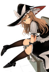 Rule 34 | 1girl, absurdres, apron, arm ribbon, black dress, black footwear, black hat, black legwear, black ribbon, blonde hair, bow, braid, buttons, chair, closed mouth, dress, dress bow, frilled dress, frilled hat, frills, from side, green eyes, hair bow, hat, hat bow, highres, kirisame marisa, legs up, long hair, looking at viewer, necro (nekurodayo), ribbon, short sleeves, simple background, single braid, sitting, solo, touhou, waist apron, white background, white bow, white frills, white sleeves, witch hat