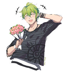 Rule 34 | +++, 1boy, :d, amami rantaro, arm up, bad id, bad twitter id, blush, bouquet, bracelet, closed eyes, commentary request, cropped torso, danganronpa (series), danganronpa v3: killing harmony, flower, green hair, grey background, holding, holding bouquet, holding flower, jewelry, male focus, meipoi, motion lines, open mouth, ring, shirt, short hair, short sleeves, simple background, sketch, smile, solo, striped clothes, striped shirt, teeth, twitter username, upper body, upper teeth only, white background