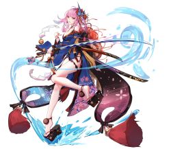 Rule 34 | 1girl, ark order, bare legs, blue eyes, character request, clothes between thighs, feet, flower, hair flower, hair ornament, highres, holding, holding weapon, japanese clothes, katana, kimono, medium hair, nail polish, ootachi, pink hair, platform clogs, simple background, sword, water, weapon, white background, you ni ge shaobing
