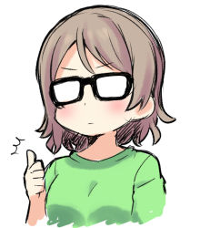 Rule 34 | 1girl, :|, bad id, bad pixiv id, black-framed eyewear, blush, closed mouth, glasses, green shirt, grey hair, love live!, love live! sunshine!!, opaque glasses, robin16, shirt, short hair, simple background, solo, ^^^, thumbs up, upper body, v-shaped eyebrows, watanabe you, white background