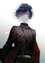 Rule 34 | 1boy, belt, black coat, black pants, black shirt, blue eyes, blue hair, chain, coat, gradient background, grey background, hair over one eye, highres, long sleeves, looking at viewer, lor (roasyerizyonirapi), male focus, open clothes, open coat, pants, parted lips, persona, persona 3, red belt, shirt, short hair, solo, suspenders, white background, yuuki makoto (persona 3)