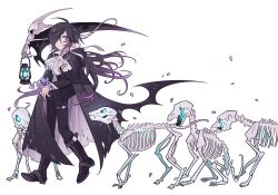 Rule 34 | 1boy, absurdres, androgynous, animal skeleton, ascot, black cape, black footwear, black hair, black pants, blue eyes, boots, cape, flower, full body, glowing, glowing eye, highres, holding, holding flower, holding lantern, holding scythe, knee boots, lantern, long hair, long sleeves, looking back, low ponytail, male focus, meremero, original, pants, petals, purple eyes, purple flower, scratches, scythe, solo, thigh strap, torn cape, torn clothes, undead, very long hair, violet (flower), walking, white ascot, white background