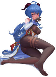 Rule 34 | 1girl, ahoge, ass, bare shoulders, blue hair, bodysuit, breasts, detached sleeves, er (servererror), ganyu (genshin impact), genshin impact, gloves, highres, horns, long hair, looking at viewer, pantyhose, red eyes, simple background, solo, very long hair, white background