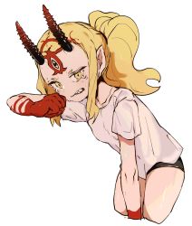 Rule 34 | 1girl, bent over, between legs, blonde hair, clenched hand, ddari, facial mark, fate/grand order, fate (series), forehead mark, from side, hand between legs, highres, horns, ibaraki douji (fate), looking at viewer, oni, oni horns, petite, pointy ears, ponytail, sharp teeth, shirt, short eyebrows, short sleeves, simple background, sketch, solo, tattoo, teeth, white background, white shirt, wiping face, yellow eyes