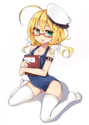 Rule 34 | 10s, 1girl, ahoge, bad id, bad pixiv id, blonde hair, book, breasts, glasses, green eyes, hair ribbon, hat, highres, hukasikasi, i-8 (kancolle), kantai collection, large breasts, one-piece swimsuit, personification, red-framed eyewear, ribbon, school swimsuit, short hair, simple background, sitting, solo, swimsuit, thighhighs, wariza, white background, white thighhighs