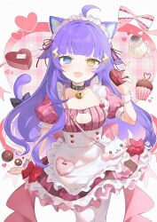 Rule 34 | 1girl, :3, absurdres, ahoge, animal ears, apron, bag, bell, blue eyes, blunt bangs, blush, bow, breasts, candy, cat cutout, cat ears, cat girl, cat tail, chocolate, chocolate heart, choker, cleavage, cleavage cutout, clothing cutout, collar, cupcake, dress, food, frills, hair ornament, heart, heterochromia, highres, holding, holding chocolate, holding food, indie virtual youtuber, long hair, looking at viewer, maid, maid apron, maid headdress, medium breasts, neck bell, open mouth, pantyhose, pink dress, plaid, plaid dress, puffy short sleeves, puffy sleeves, purple hair, sample watermark, short sleeves, smile, solo, tail, usanta, valentine, virtual youtuber, watermark, white apron, white pantyhose, wrist cuffs, yellow eyes